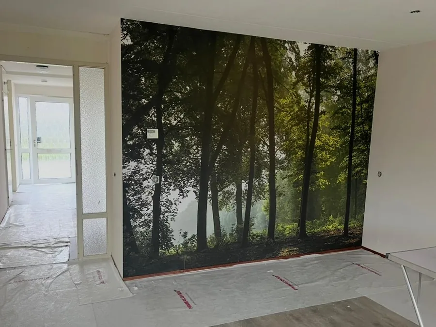 Hal met fotobehang van een bos over de volledige wand